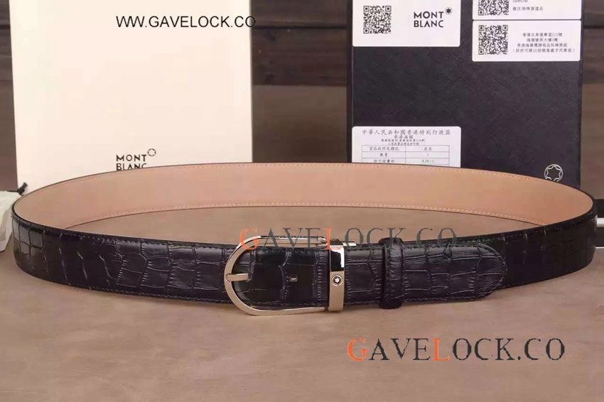 Classic Montblanc Replica Belts Leather w/ Silver Horseshoe Montblanc Buckle
